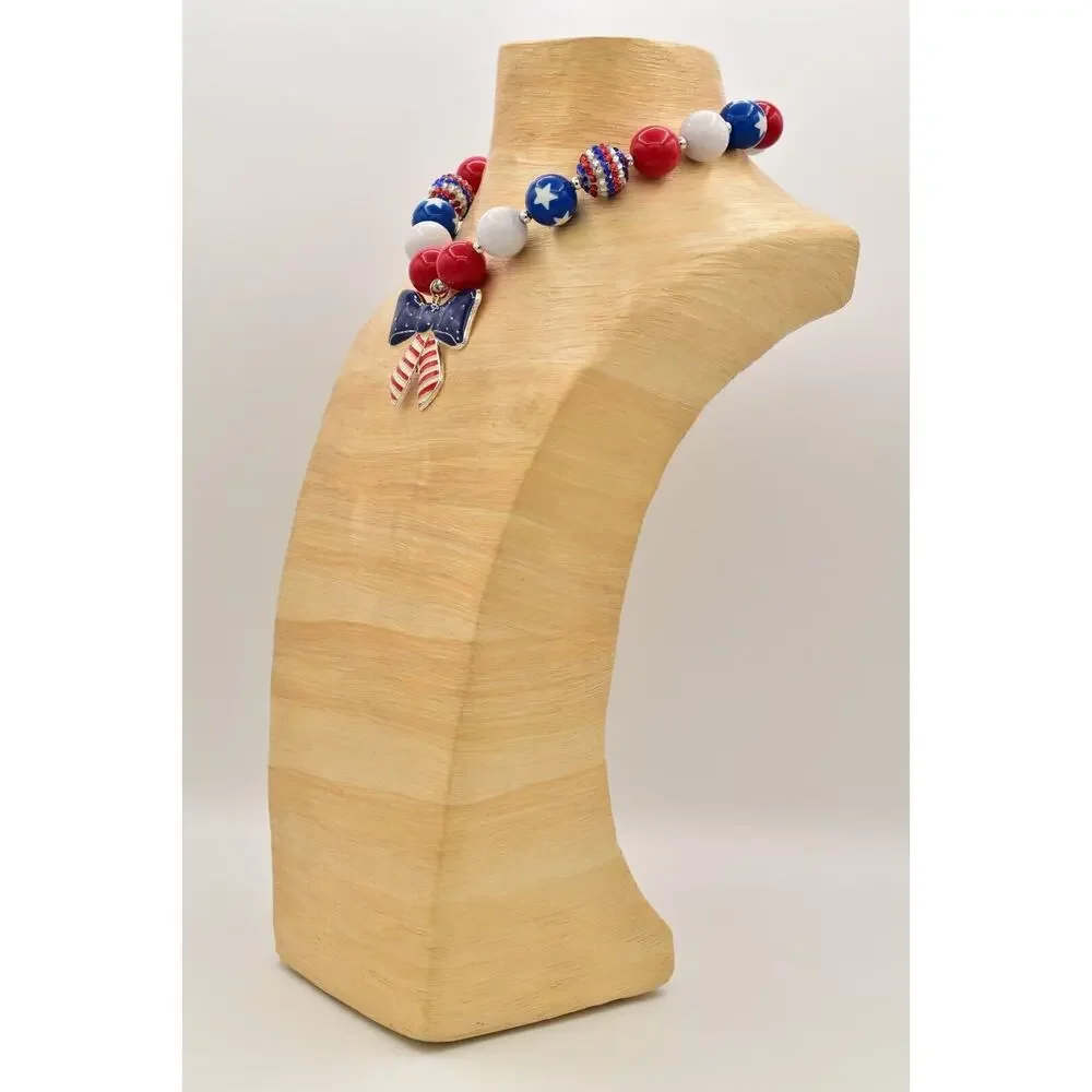 Statement Necklace American Flag Star Red White Blue Beaded 4th July USA BinA17